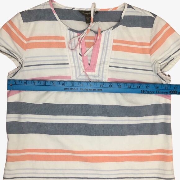 Tommy Bahama Blouse XS Striped Short Sleeve Cotton Keyhole Bow Tie - Picture 4 of 6